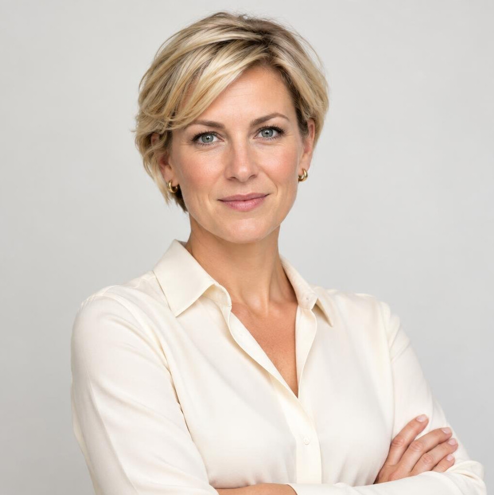 Female executive with short blonde hair in professional attire